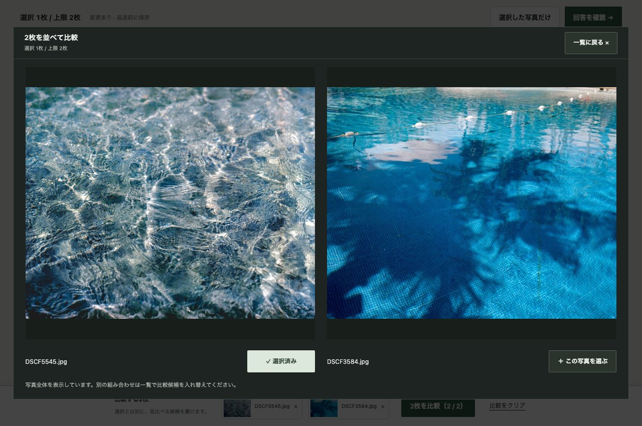 写真セレクト便で2枚の水面の写真を並べて比較する実際の画面