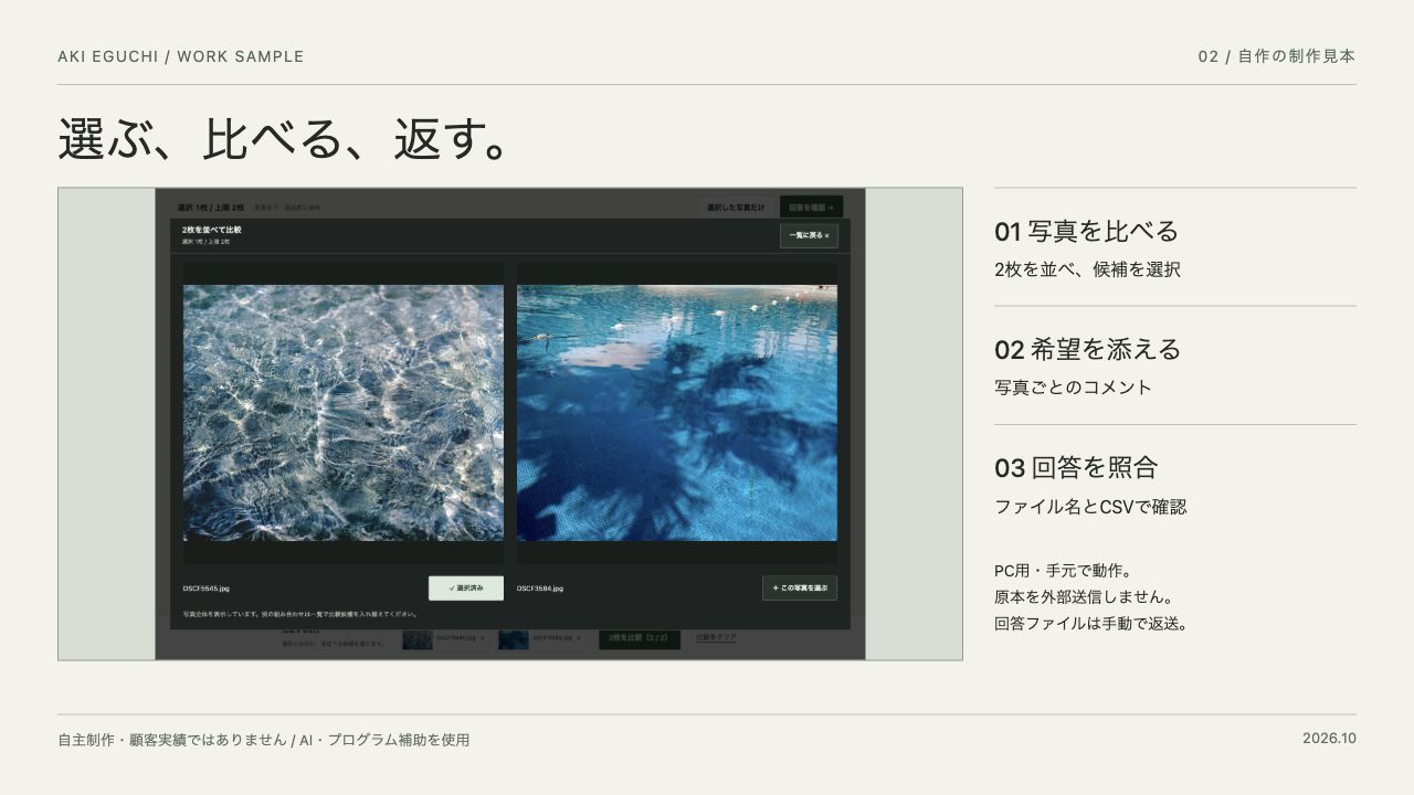写真セレクト便の2枚比較画面。自作の写真選定ツール
